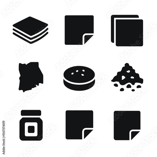 Gold Leaf Icon Set. Solid, filled icon set of gold leaf types and supplies: loose leaf stack, transfer leaf sheet, imitation gold