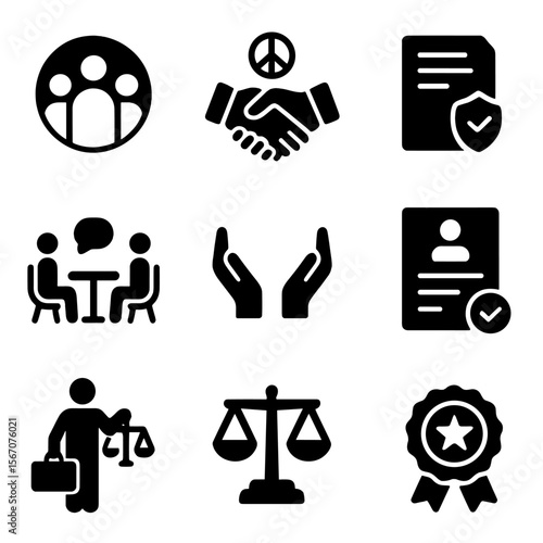 Community Dispute Resolution Icons. Solid, filled icons set of community dispute resolution: community circle,