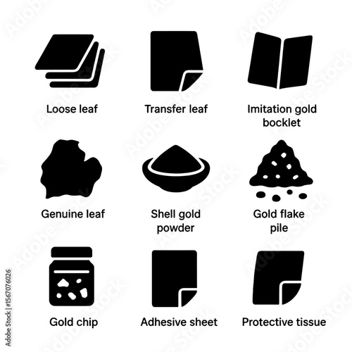 Gold Leaf Icon Set. Solid, filled icon set of gold leaf types and supplies: loose leaf stack, transfer leaf sheet, imitation gold