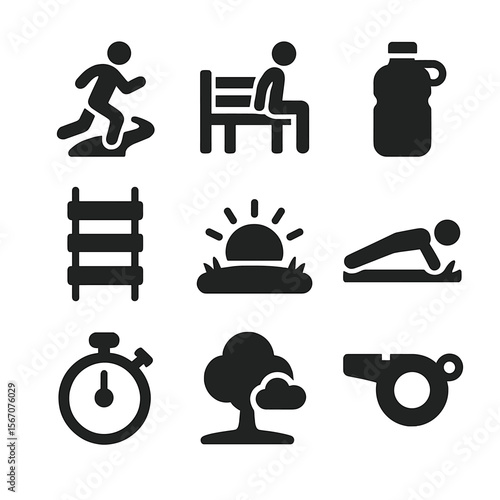 Outdoor Fitness Icons. Solid, filled icons set of outdoor fitness and bootcamps: running trail, park bench dip