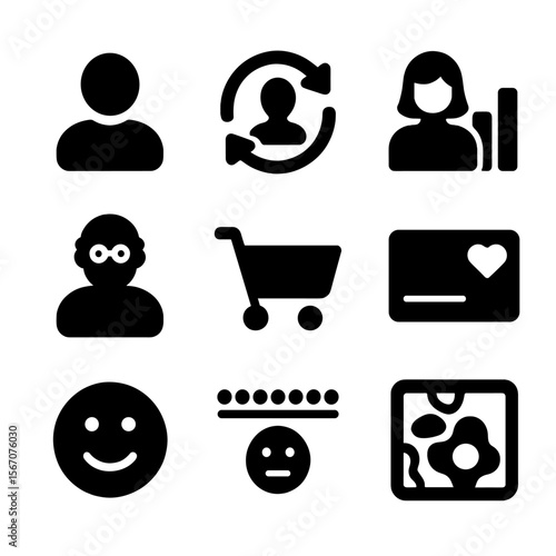Customer Analytics Icons. Solid, filled icon set of customer analytics: user profile, repeat customer, gender data, age group,