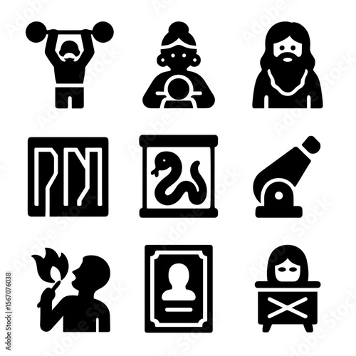 Sideshow Attraction Icons. Solid, filled icon set of sideshow attractions: strongman lifting, fortune teller, bearded lady, mirror