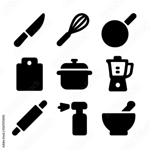 Gourmet Tool Icons. Solid, filled icon set of gourmet cooking tools: chef’s knife, whisk, frying pan, cutting board, sauce pot,