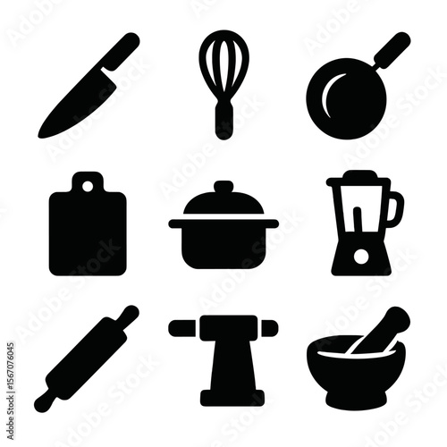 Gourmet Tool Icons. Solid, filled icon set of gourmet cooking tools: chef’s knife, whisk, frying pan, cutting board, sauce pot,