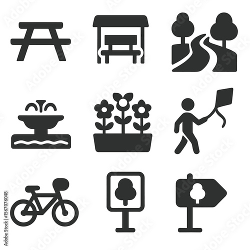 Outdoor Park Icon Set. Solid, filled icons set of outdoor park activities: picnic table, shaded bench, walking