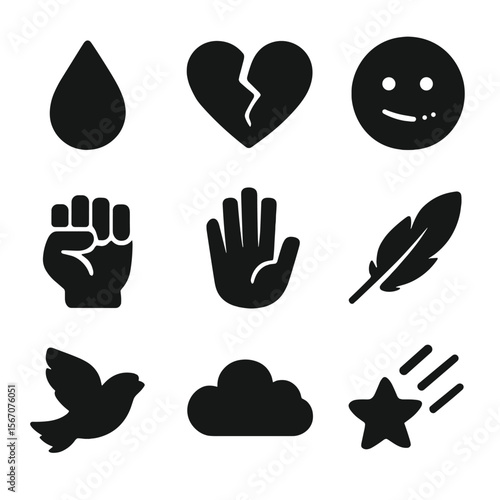 Emotional Icon Set. Solid, filled icon set of fleeting emotions: tear drop, broken heart, fading smile, clenched fist, open hand,