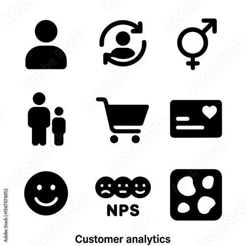 Customer Analytics Icons. Solid, filled icon set of customer analytics: user profile, repeat customer, gender data, age group,