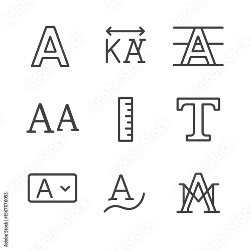 Typography Icon Set. Outline icon set of typography and lettermark design: uppercase letterform outline, kerning adjustment arrows