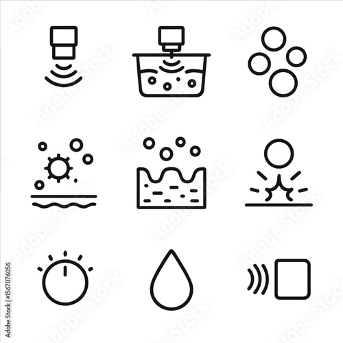 Ultrasonic Cleaning Icons. Outline icon set of ultrasonic cleaning and cavitation effects: ultrasonic transducer, cleaning bath