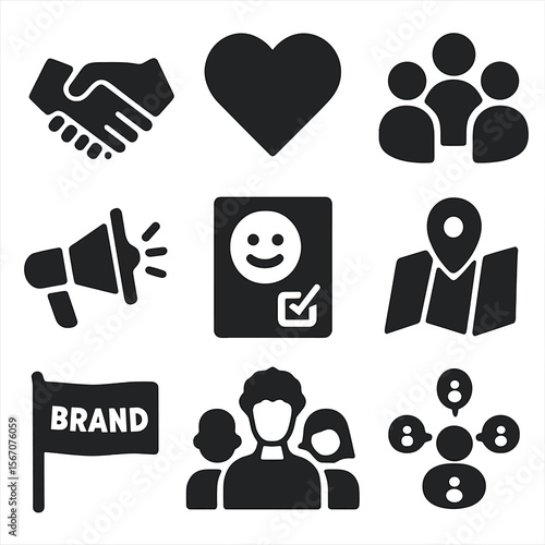 Community Branding Icons. Solid, filled icons set of community-first branding: handshake, heart icon, group