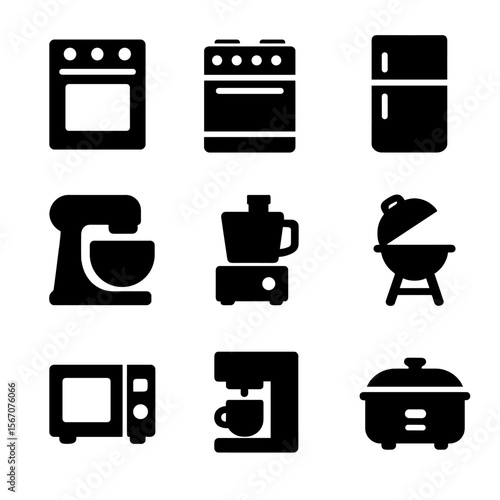 Gourmet Kitchen Icons. Solid, filled icon set of gourmet kitchen appliances: oven, stove, refrigerator, mixer, food processor,