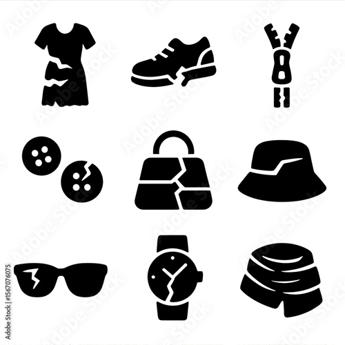 Deconstructed Fashion Icons. Solid, filled icon set of Deconstructed fashion: torn dress, split shoe, broken zipper, fragmented