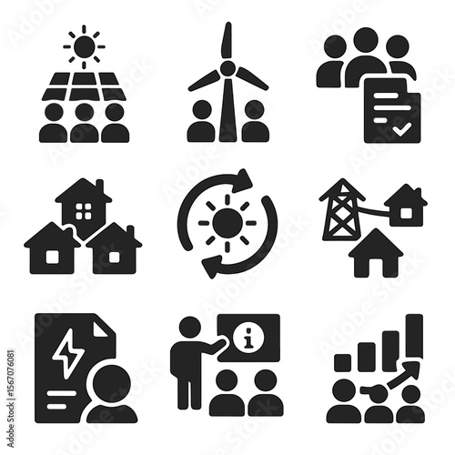 Community Energy Icons. Solid, filled icons set of community energy and RECs: solar co-op, shared turbine,