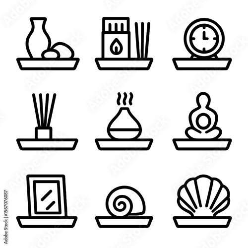 Decorative Tray Icons. Solid, filled icon set of trays with accessories: small vase, decorative stones, matchbox, small clock,
