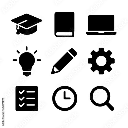 Skill Development Icons. Solid, filled icon set of skill development: graduation cap, book, laptop, light bulb, pencil, gear,