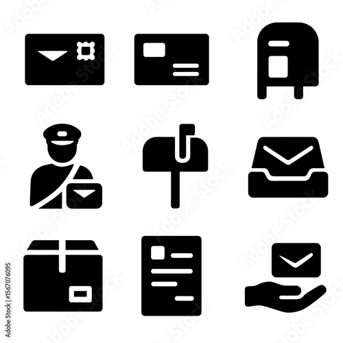 Outgoing Mail Icons. Solid, filled icons set of outgoing home mail: stamped envelope, return address, mailbag