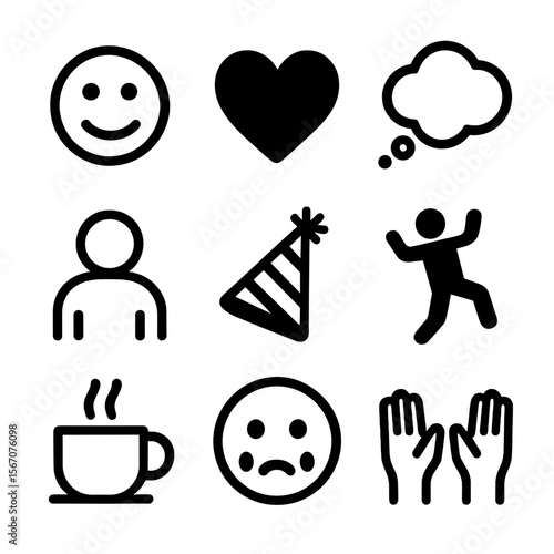 Emotion Icons Grid. Solid, filled icon set of single life emotions: smiley face, heart, thought bubble, lonely person, party hat,