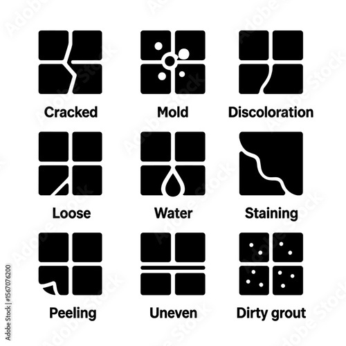 Grout Issue Icons. Solid, filled icon set of grout problems: cracked grout, mold, discoloration, loose grout, water damage,