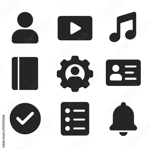 Personalized Content Icons. Solid, filled icons set of personalized content delivery: profile icon, video