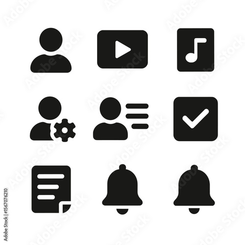Personalized Content Icons. Solid, filled icons set of personalized content delivery: profile icon, video
