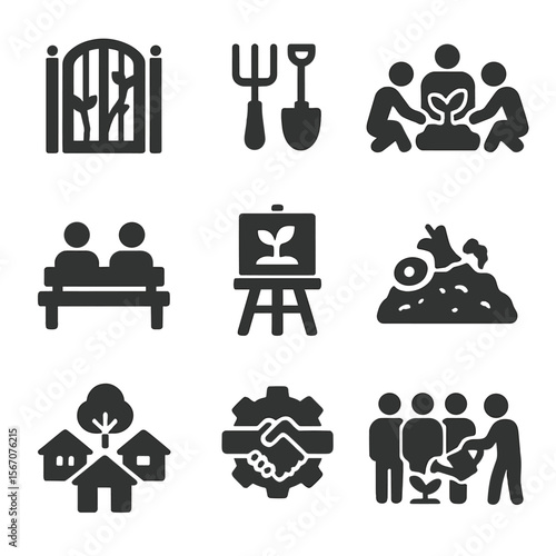 Community Garden Icons. Solid, filled icons set of community rooftop garden spaces: garden gate, shared tools,