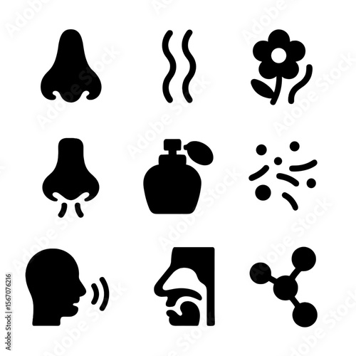 Smell Icons Grid. Solid, filled icon set of the sense of smell: nose, scent trail, flower aroma, perfume bottle, olfactory bulb,