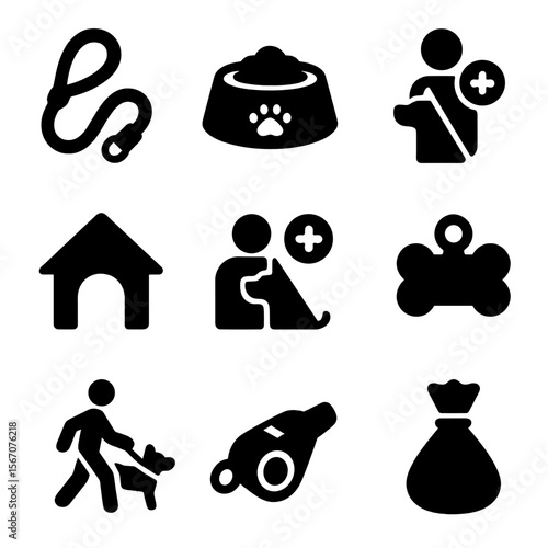 Pet Care Icon Set. Solid, filled icons set of responsible pet ownership: leash, food bowl, grooming brush, pet