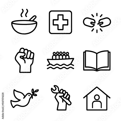 Christian Justice Icons. Outline icon set of Christian social justice movements: soup kitchen bowl, hospital cross, abolition