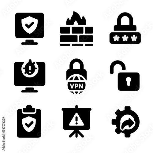 Cybersecurity Tools Icons. Solid, filled icon set of cybersecurity tools: antivirus software, firewall, password manager,