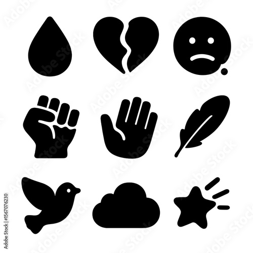 Emotional Icon Set. Solid, filled icon set of fleeting emotions: tear drop, broken heart, fading smile, clenched fist, open hand,
