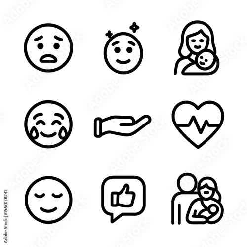 Emotions of Labor Icons. Solid, filled icon set of emotional aspects of labor: anxious face, hopeful face, smiling mother, tears