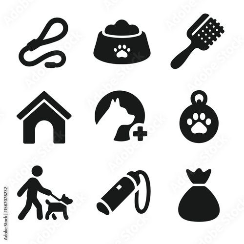 Pet Care Icon Set. Solid, filled icons set of responsible pet ownership: leash, food bowl, grooming brush, pet