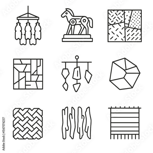 Upcycled Art Icons. Outline icon set of upcycled art installations: plastic bottle chandelier, metal scrap sculpture, fabric scrap