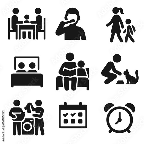 Daily Family Icons. Solid, filled icon set of daily family routines: breakfast table, brushing teeth, walking to school, evening