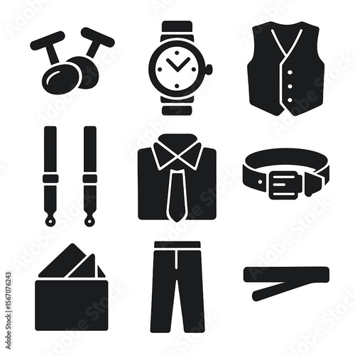 Groom's Formalwear Icons. Solid, filled icon set of groom’s formalwear items: cufflinks, dress watch, vest, suspenders, dress
