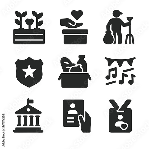 Community Initiative Icons. Solid, filled icons set of neighborhood and local initiatives: community garden,