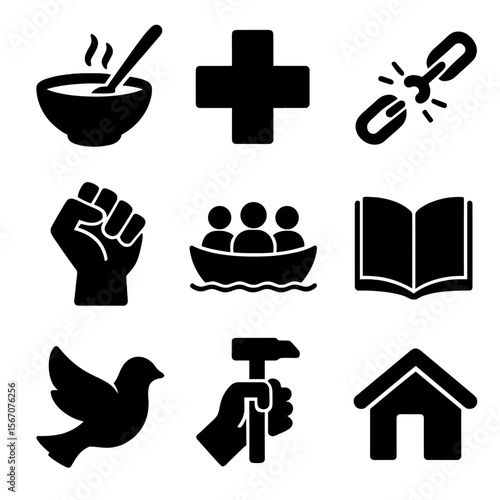 Christian Justice Icons. Solid, Filled icon set of Christian social justice movements: soup kitchen bowl, hospital cross,
