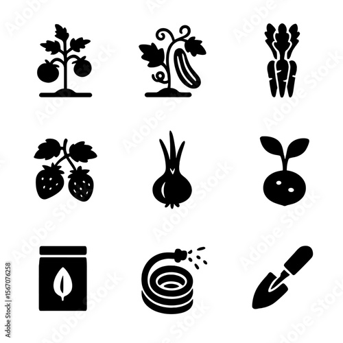 Dacha Gardening Icons. Solid, filled icon set of gardening at the dacha: tomato plant, cucumber vine, carrot bunch, strawberry