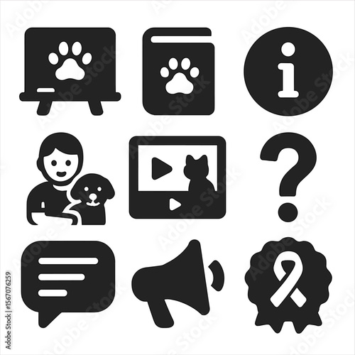 Pet Care Icons Grid. Solid, filled icons set of pet care education: chalkboard, paw book, info icon, video