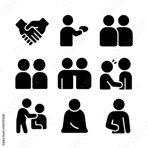 Emotional Support Icons. Solid, filled icon set of emotional support gestures: holding hands, gentle pat, supportive shoulder