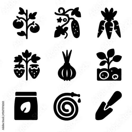 Dacha Gardening Icons. Solid, filled icon set of gardening at the dacha: tomato plant, cucumber vine, carrot bunch, strawberry