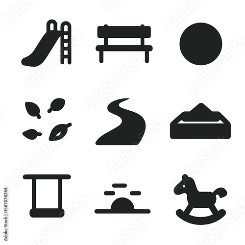 Deserted Playground Icons. Solid, filled icon set of empty playground moments: empty slide, vacant bench, lone ball, scattered