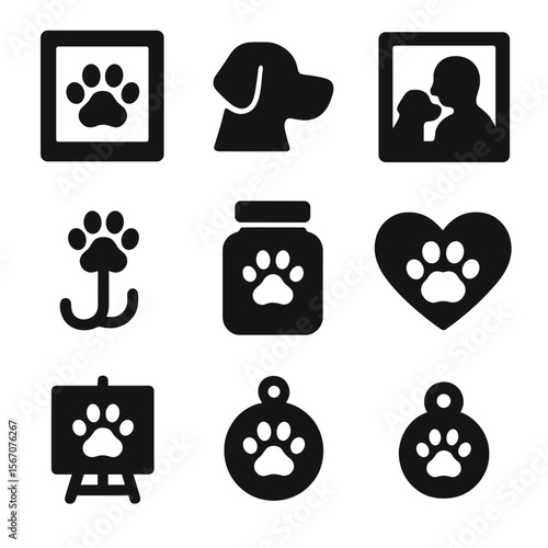 Pet Icon Collection. Solid, filled icons set of pet photo decor: paw frame, pet icon, cuddle photo, leash hook