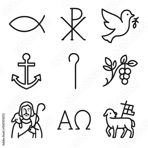 Christian Icon Set. Outline icon set of Christian iconography and symbols: ichthys fish, Chi-Rho monogram, dove, anchor cross,