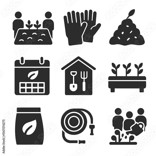 Community Gardening Icons. Solid, filled icons set of community gardening: shared plot, garden gloves, compost
