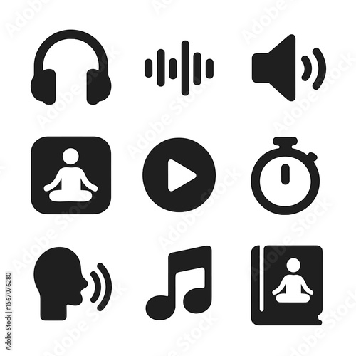 Guided Meditation Icons. Solid, filled icon set of guided meditation and audio: headphones, sound wave, speaker icon, app icon,