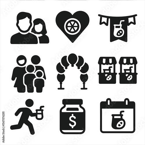 Community Lemonade Icon Set. Solid, filled icons set of community lemonade events: neighbor icon, fundraiser