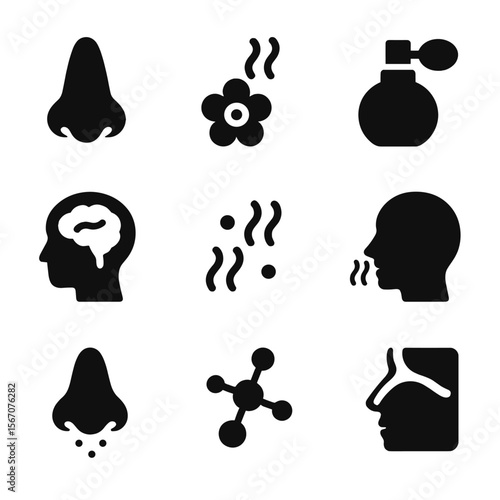 Smell Icons Grid. Solid, filled icon set of the sense of smell: nose, scent trail, flower aroma, perfume bottle, olfactory bulb,