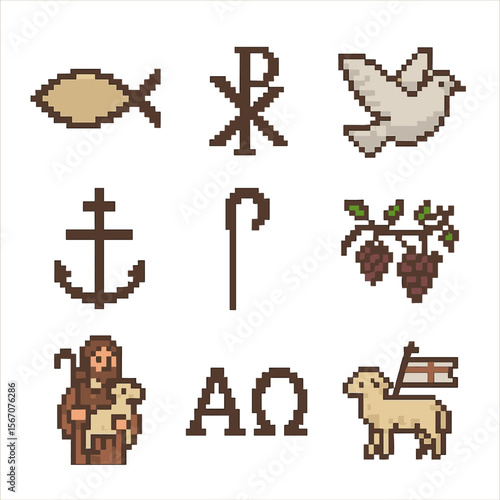 Christian Symbols Grid. Pixel art icon set of Christian iconography and symbols: ichthys fish, Chi-Rho monogram, dove, anchor