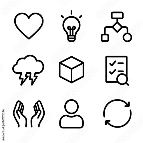 Design Thinking Icons. Solid, filled icon set of Design thinking: empathy heart, idea lightbulb, flowchart path, brainstorming